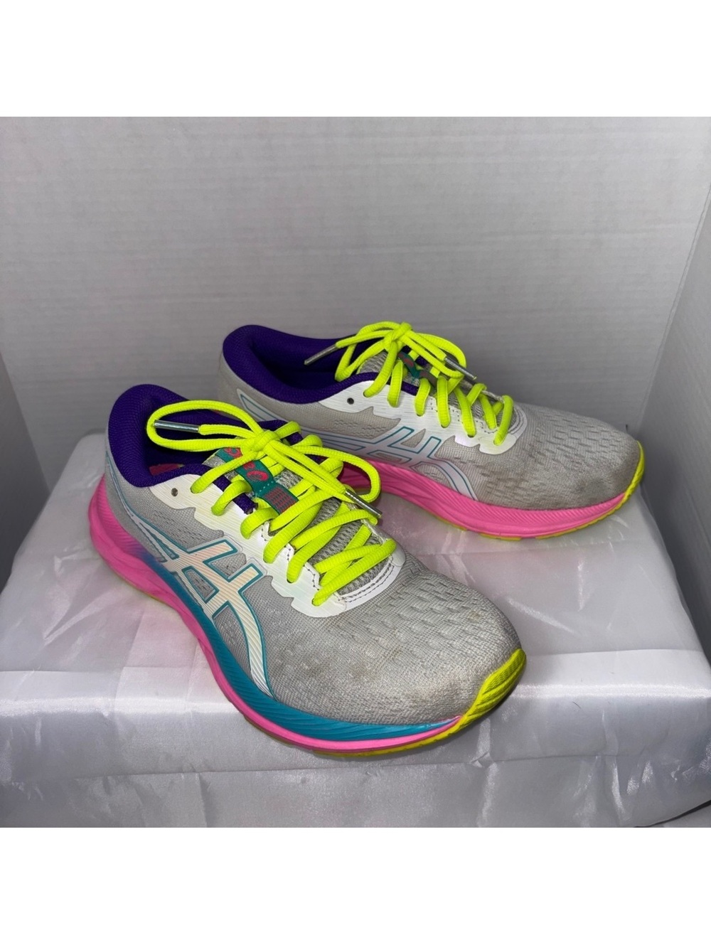 Asics Running Shoes with Neon Yellow Laces and Pink Soles